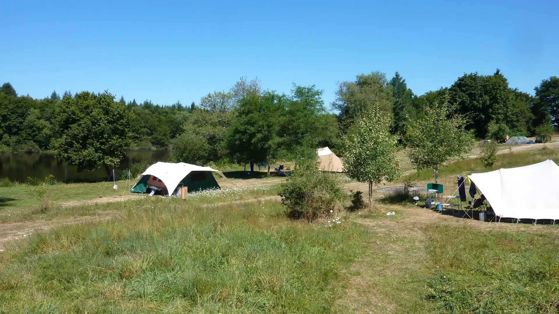 gras met bomen en enkele tenten aan een meer
