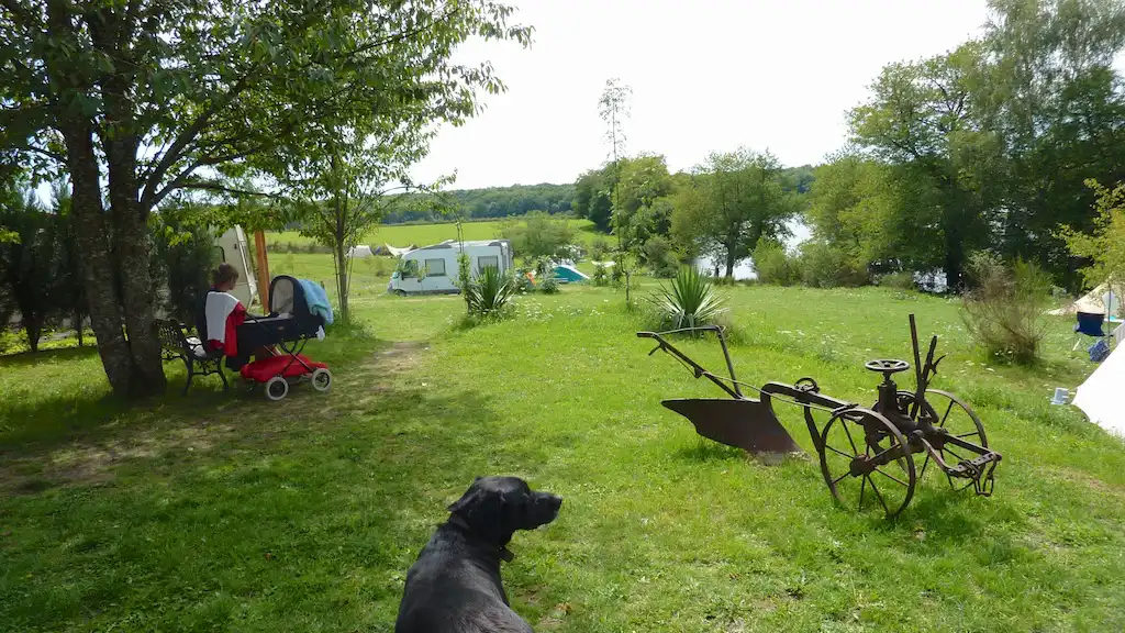 zicht over de camping met op de voorgrond een hond, een kinderwagen en een oud landbouwwerktuig